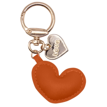 Schlüsselanhänger, Kunstleder, gepolstert, kleines Herz, goldfarbener Karabiner, Anhänger LOVE, Orange, 45x35 mm - Bild 1