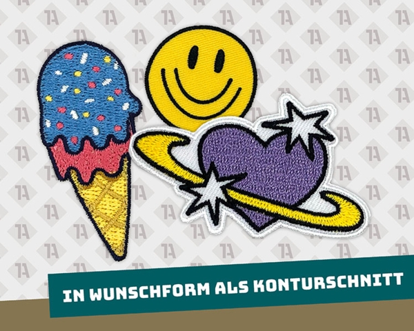 Gestickte Patches in Wunschform mit Konturschnitt – Eis, Smiley, Herz mit Saturnring