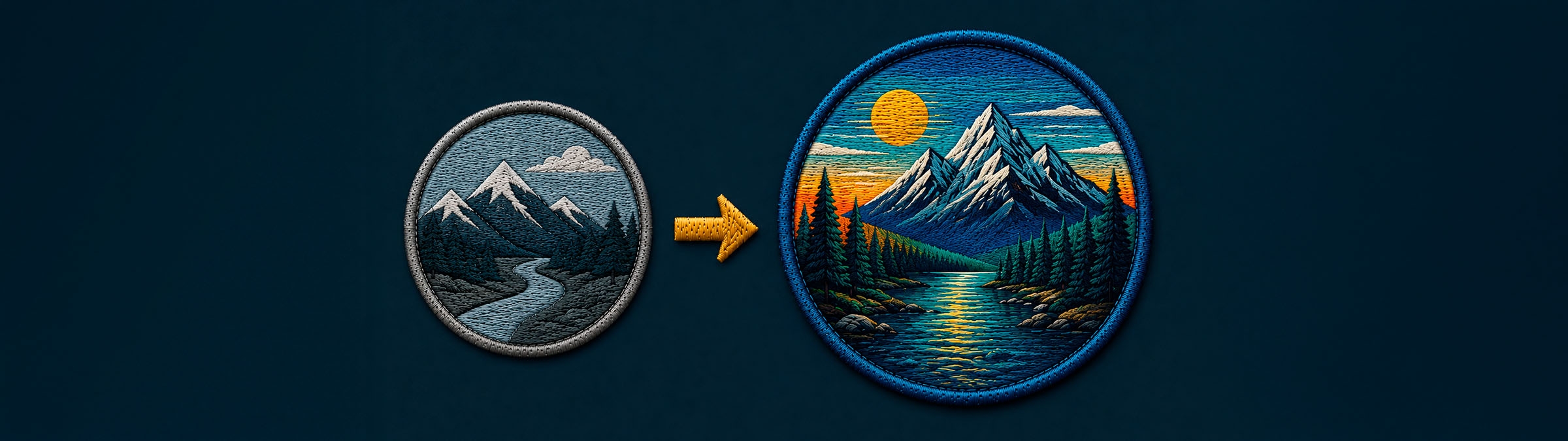 Auf einem Dunkelblauen Hintergrund stehen zwei Aufnäher - einer mit wenig Details und kleiner und rechts davon ein größerer mit ausgeprägten Details.