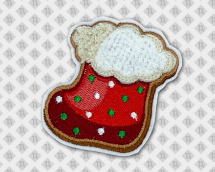 Konturgeschnittener Aufnäher Patch Chenille mit gesticktem Rand Weihnachten Schuh Flauschige Optik rot weiß Stiefel