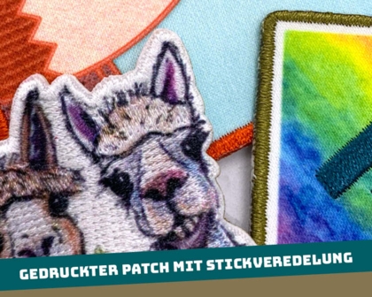 Patch Aufnäher gedruckt mit Stickveredelung bunt Farbverlauf Details Konturschnitt