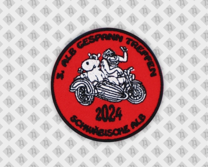 Runder gestickter Aufnäher Patch mit gesticktem Rand rot schwarz weiß Schwäbische Alb Biker