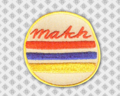 Aufnäher Patch rund gestickt mit gelbem Stickrand roter Schriftzug match DIY Kinder