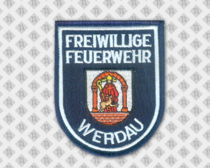 Gestickter Aufnäher Patch mit Kettelrand in Wappenform Feuerwehr blau weiß