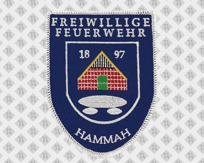 Konturgeschnittener Patch Aufnäher blau weiß Hammah Freiwillige Feuerwehr Wappen