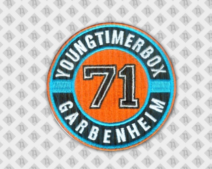 Patch Aufnäher rund gestickt mit gesticktem Rand Youngtimerbox orange blau Firma