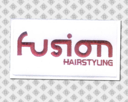 Patch Aufnäher gestickt mit gesticktem Rand rot weiß Hairstyling Firmen