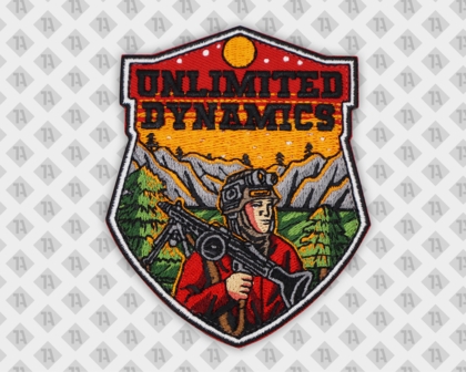 Konturgeschnittener Patch Aufnäher gestickt mit gesticktem Rand Unlimited Dynamics Gun Warrior Firmen