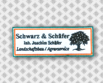 Eckiger Patch Aufnäher gestickt mit Stickrand Handwerker bunt Schwarz und Schäfer Landschaftsbau