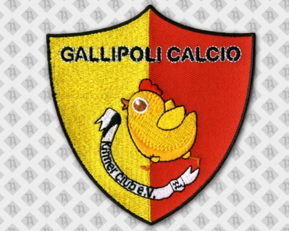 Aufnäher Patch Abzeichen Badge gestickt mit Laserschnitt in Wappenform rot gelb Huhn Vereine
