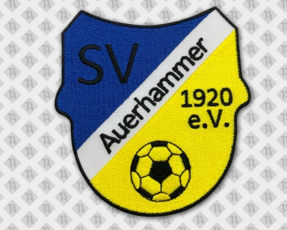 Gestickter Aufnäher Patch Abzeichen Badge Laserschnitt Kontur in Wappenform Fußball blau gelb Vereine