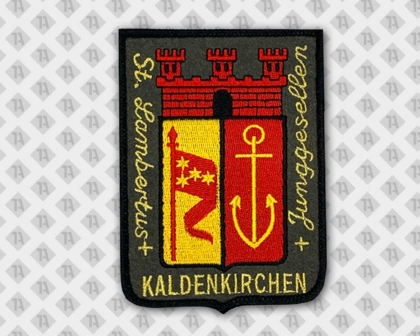 Konturgeschnittener Patch Aufnäher Abzeichen Badge gestickt mit Kettelrand gelb rot schwarz Wappen Vereine