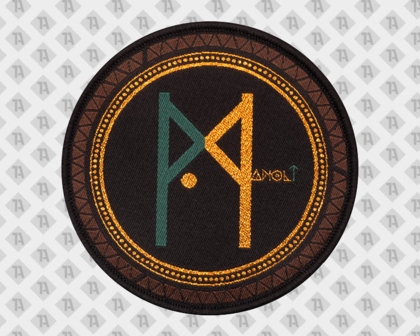 Gewebter Aufnäher /Patch mit goldenfarbenem Metallgarn, grünen, schwarzen und brauner Webung/Motiv