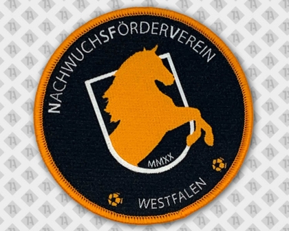 Runder gewebter Patch Aufnäher Badge Kettelrand orange schwarz Pferd Verein