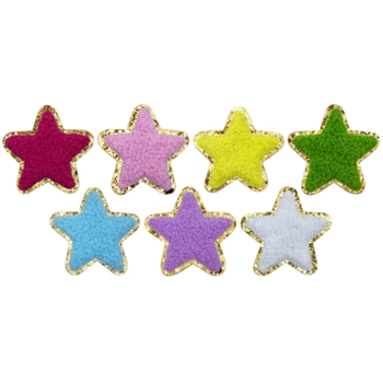 Aufnäher / Patch Set, Chenille, 7 Sterne, Goldglitzer-Untergrund, Klebefläche, 55x55 mm - Bild 1