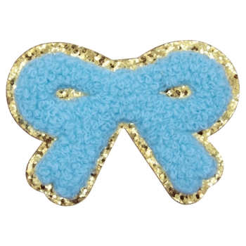 Aufnäher / Patch, Chenille, Schleife, Goldglitzer-Untergrund, Klebefläche, Hellblau, 70x50 mm - Bild 1