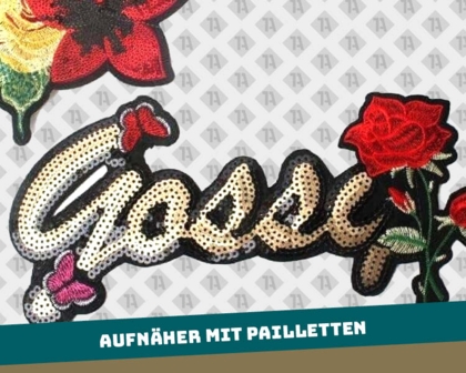 Aufnäher Patch konturgeschnitten mit Pailletten Rosen Blumen Schmetterlinge