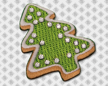 Grüner Weihnachtsbaum, strukturierte Fläche, weiße Umrandung, braune Kanten, klare Strasssteine verteilt