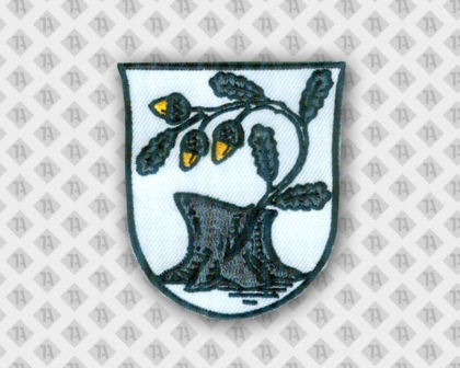 Aufnäher Patch gestickt in Wappenform weißer Hintergrund schwarze Eicheln und Blätter