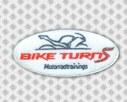 Patch Aufnäher oval gestickt mit gesticktem Rand weißer Hintergrund mit rotem Schriftzug und Motorrad Biker