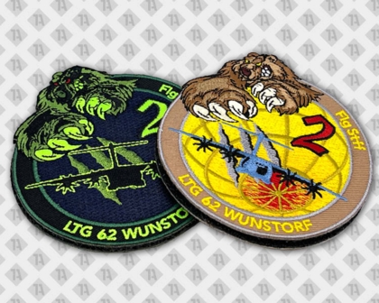 Gestickter Patch Aufnäher Laserschnitt Kontur geschnitten Klett 2-tlg. neon Flugzeug Bär Bundeswehr