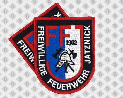 Konturgeschnittener Gestickter Patch Aufnäher in Wappenform rot blau schwarz Freiwillige Feuerwehr