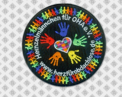 Runder gestickter Patch Aufnäher Badge Abzeichen mit Stickrand schwarz bunt Hände Männchen Vereine