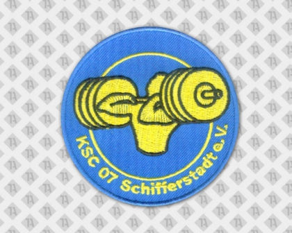 Gestickter Patch Aufnäher Badge Abzeichen rund mit gesticktem Rand blau gelb Hantel Vereine