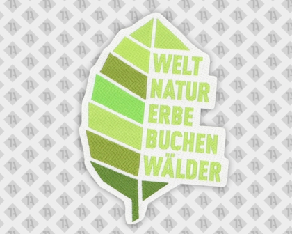 Konturgeschnittener Patch gewebt Laserschnitt Welt Natur Erbe Buchen Wälder grün weiß Firmen