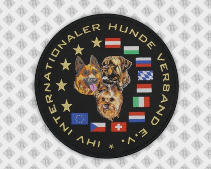 Runder Patch Aufnäher gewebt mit Kettelrand metallic gold International Hundesport