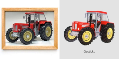 Gestickter Traktor-Patch nach Fotovorlage in Rot, Gelb und Schwarz
