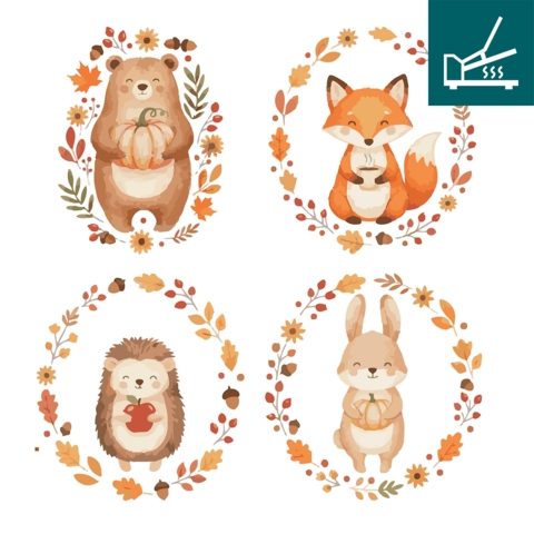 DTF / Textildruck / Bügelbild, Tiere mit Herbstkranz, 196x208 mm, für Baumwolle - Bild 1