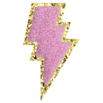 Aufnäher / Patch, Chenille, Blitz, Goldglitzer-Untergrund, Klebefläche, Rosa, 42x75 mm - Bild 1