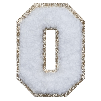 Aufnäher / Patch, Chenille, Zahl 0, heller Goldglitzer-Untergrund, Klebefläche, Weiß - Bild 1