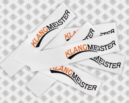 Label gewebt Straight Cut Laserschnitt Klangmeister Audio