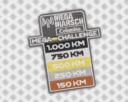Konturgeschnittener Patch Aufnäher gestickt mit gesticktem Rand Mega Marsch Columbia Mega Challenge bunt Backpacker