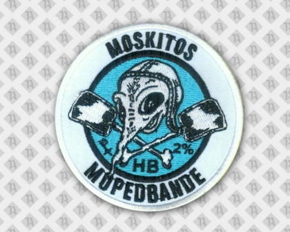 Runder weißer Aufnäher Patch gestickt mit Kettelrand schwarzer Schriftzug und Motiv Moskitos Mopedbande Biker