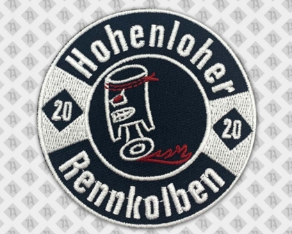 Runder gestickter Patch Aufnäher mit gesticktem Rand Rennkolben in schwarz weiß rot Biker