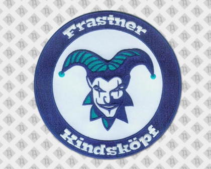 Runder gestickter Aufnäher Patch mit Stickrand blau weiß Joker Clown Karneval