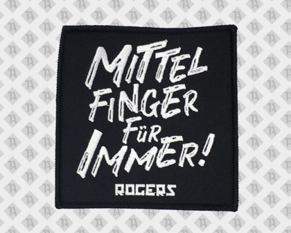 Rechteckiger gestickter Patch Aufnäher mit Kettelrand Musiker Bands Rogers Mittelfinger für immer Punk Rock