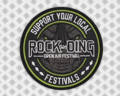 Runder gestickter Patch Aufnäher mit Kettelrand Musiker und Bands schwarz grün Rock das Ding Festival Open Air