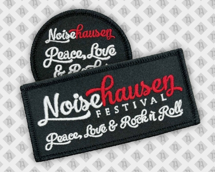 Gestickter Patch Aufnäher für Bands Musiker Noisehausen Festival Peace Love & Rock n Roll schwarz weiß rot