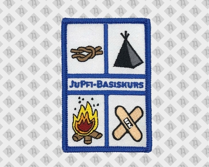 Eckiger Patch Aufnäher gestickt mit Kettelrand bunt Basiskurs Zelt Lagerfeuer Knoten Pflaster Pfadfinder