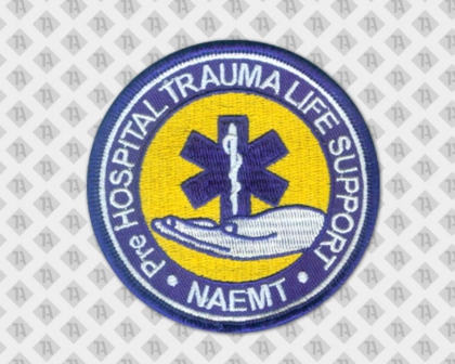 Runder gestickter Aufnäher Patch mit Kettelrand gelb blau Hand Feuerwehr