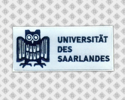 Patch Aufnäher weiß mit schwarzer Eule gestickt mit Schriftzug Universität des Saarlandes