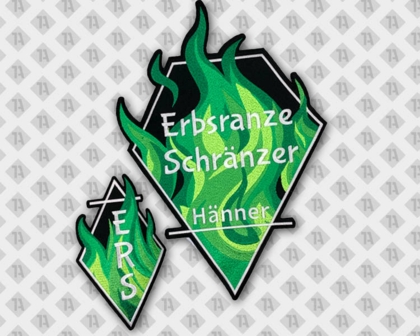 Konturgeschnittener Patch Aufnäher Abzeichen Badge gestickt mit gesticktem Rand bunt grün Feuer Vereine