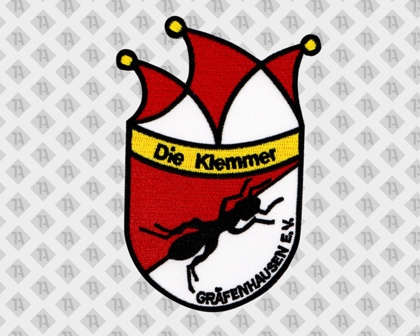 Konturgeschnittener Patch Aufnäher gestickt mit gesticktem Rand rot weiß gelb Ameise Vereine