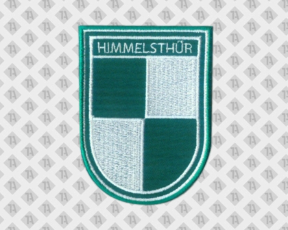 Patch Aufnäher Abzeichen Badge gestickt mit gesticktem Rand Wappenform grün weiß Himmelsthür Vereine