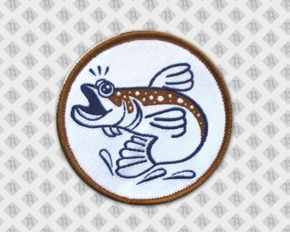 Runder Patch Aufnäher Abzeichen Badge gewebt mit Kettelrand Fisch braun weiß Vereine
