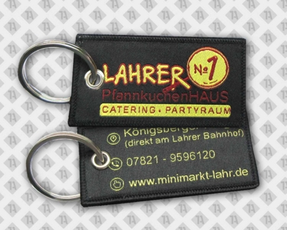 Schlüsselanhänger gewebt mit Kettelrand Pfannkuchen Firmen